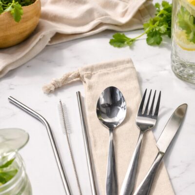 Banquet Stainless Steel Cutlery & Straw Set in Calico Pouch